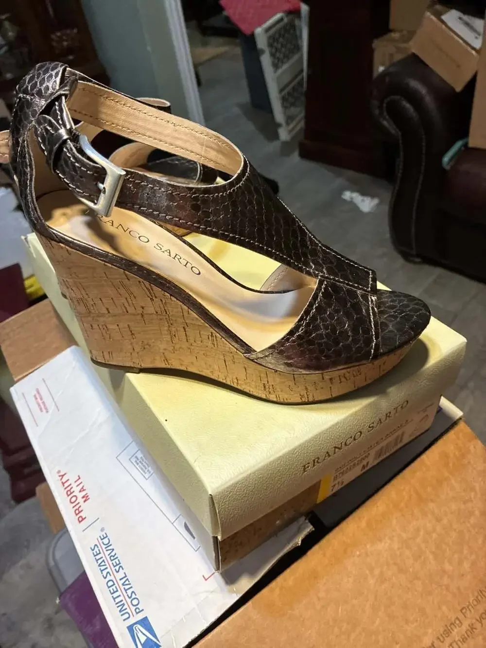Franco Sarto Supra Pewter Snake Platform Cork Wedge Sandals Size 7.5 M